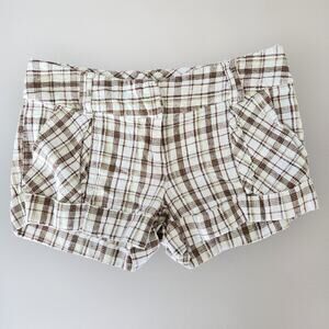 Vintage Y2K Forever 21 White Brown Plaid Linen Low Rise Micro Shorts